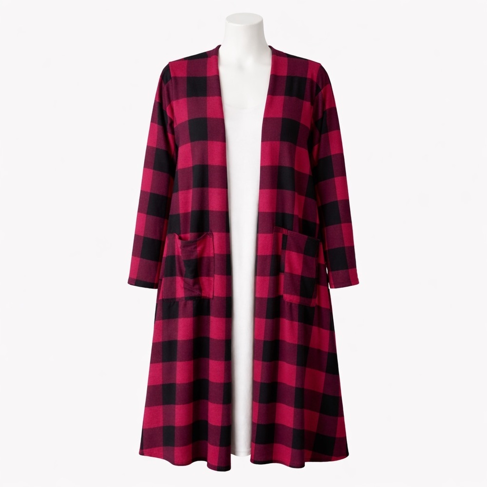 Size L LuLaRoe Womens Sarah Duster Cardigan Red Black Buffalo Plaid Long Sweater
